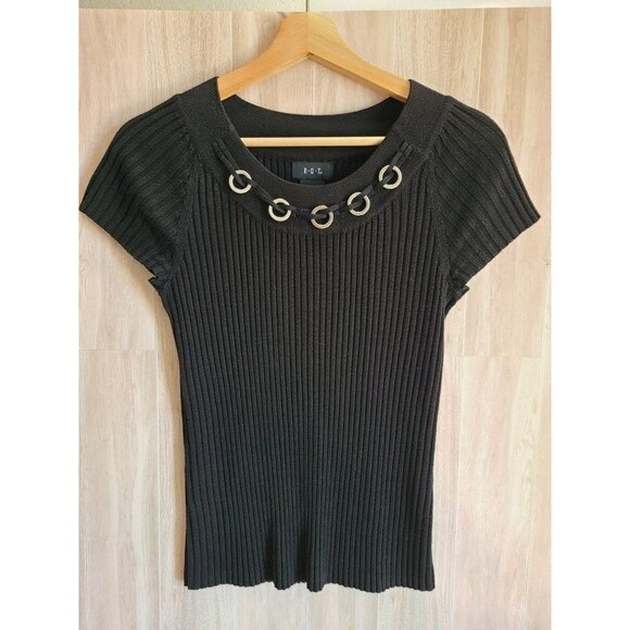 RQT Black Ribbed Sweater Top Small – Eyelet Neck Short Sleeve Knit Pullover - Picture 1 of 5